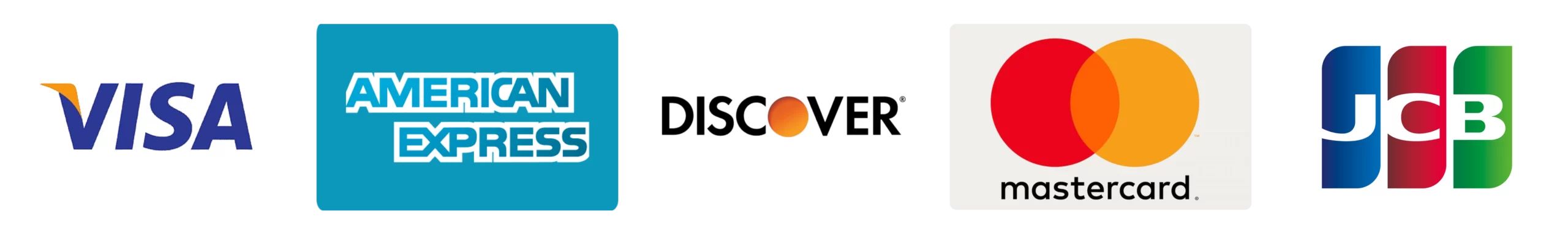 Credit card logos: Visa, American Express, Discover, Mastercard, JCB.