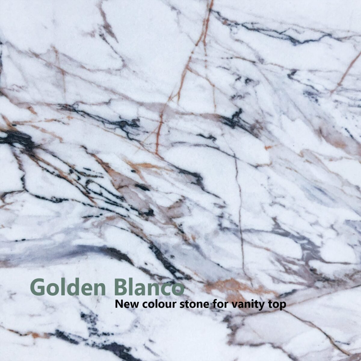 Golden Blanco marble slab with white, black, and brown veining for vanity tops.