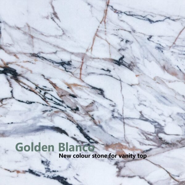 Golden Blanco marble slab with white, black, and brown veining for vanity tops.