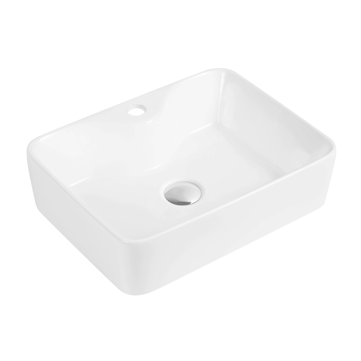 Rectangular white ceramic bathroom sink with overflow hole.