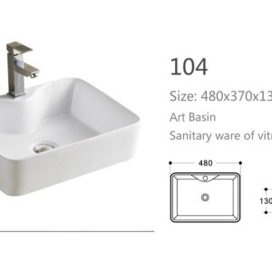 Rectangular art basin with dimensions and technical drawing.