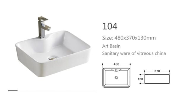 Rectangular art basin with dimensions and technical drawing.