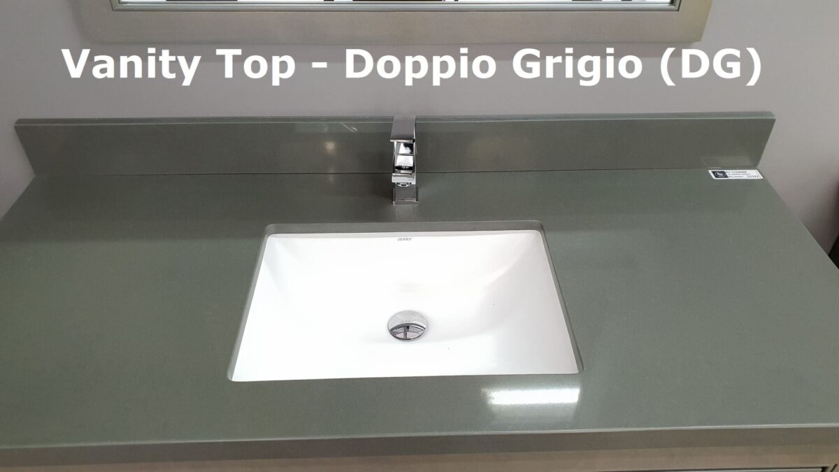 Gray vanity top with sink and faucet, labeled "Vanity Top - Doppio Grigio (DG)."