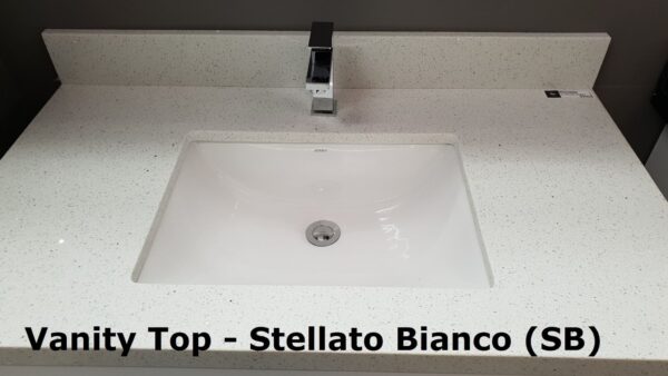 Vanity top with Stellato Bianco finish and modern faucet.