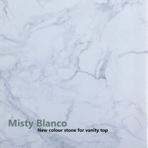 Marble-patterned stone labeled "Misty Blanco" for vanity tops.