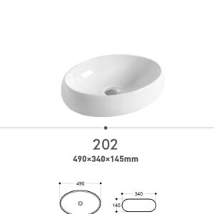 White oval bathroom sink with dimensions 490x340x145mm.