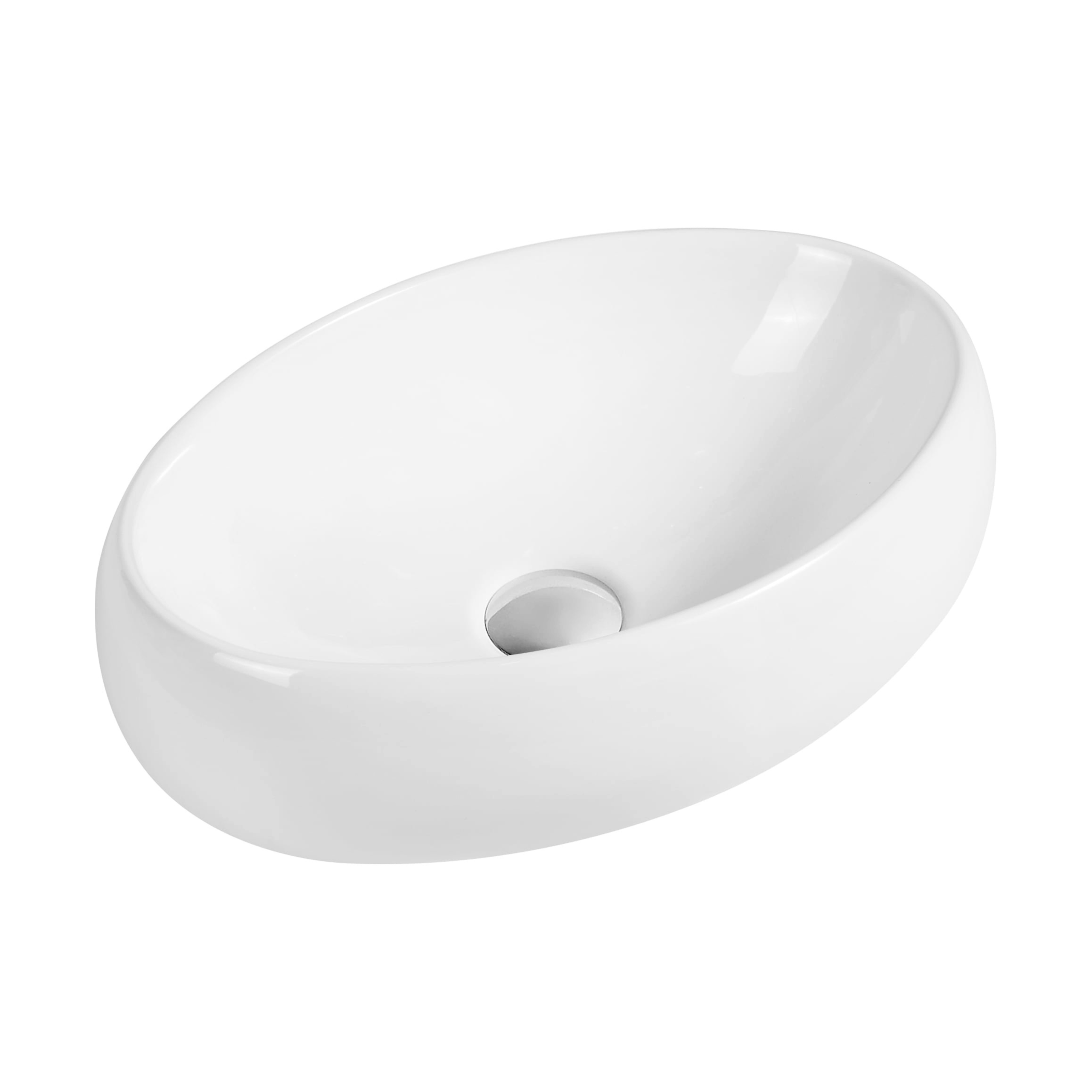 White ceramic oval bathroom sink on white background.