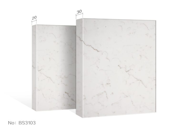 Marble-patterned kitchen countertop slabs with dimensions labeled.