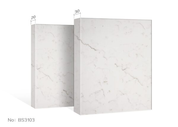 3103-2.jpg Marble-patterned kitchen countertop slabs with dimensions labeled.