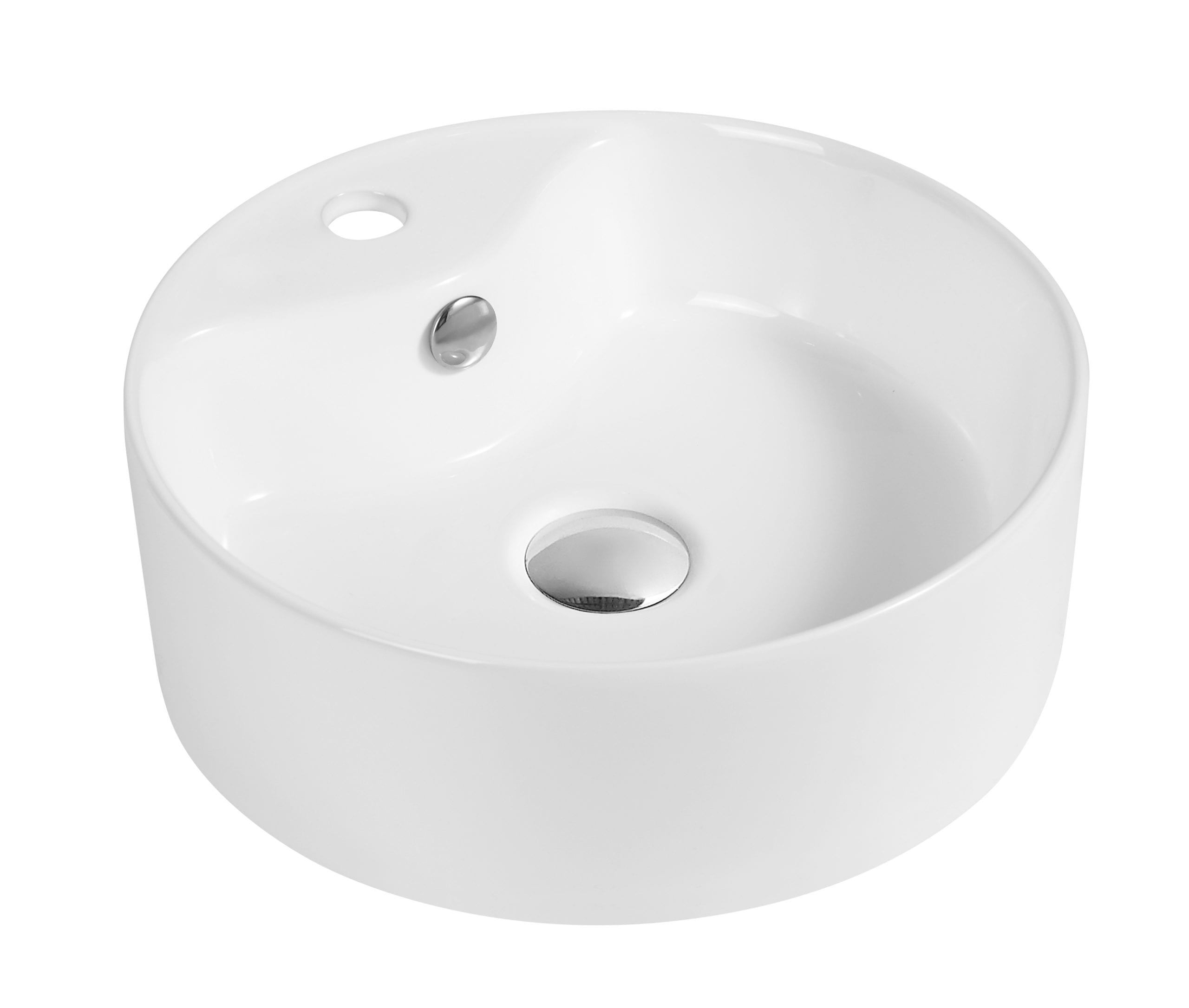 Round white ceramic bathroom sink with overflow hole.