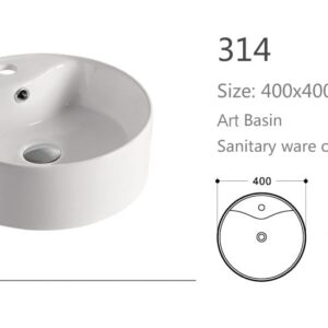 Round white art basin with dimensions and design sketch.