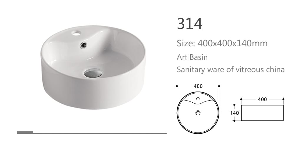 Round white art basin with dimensions and design sketch.