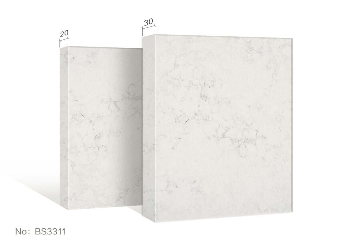 Marble-patterned kitchen countertops with dimensions labeled.