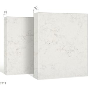 Marble-patterned kitchen countertops with dimensions labeled.