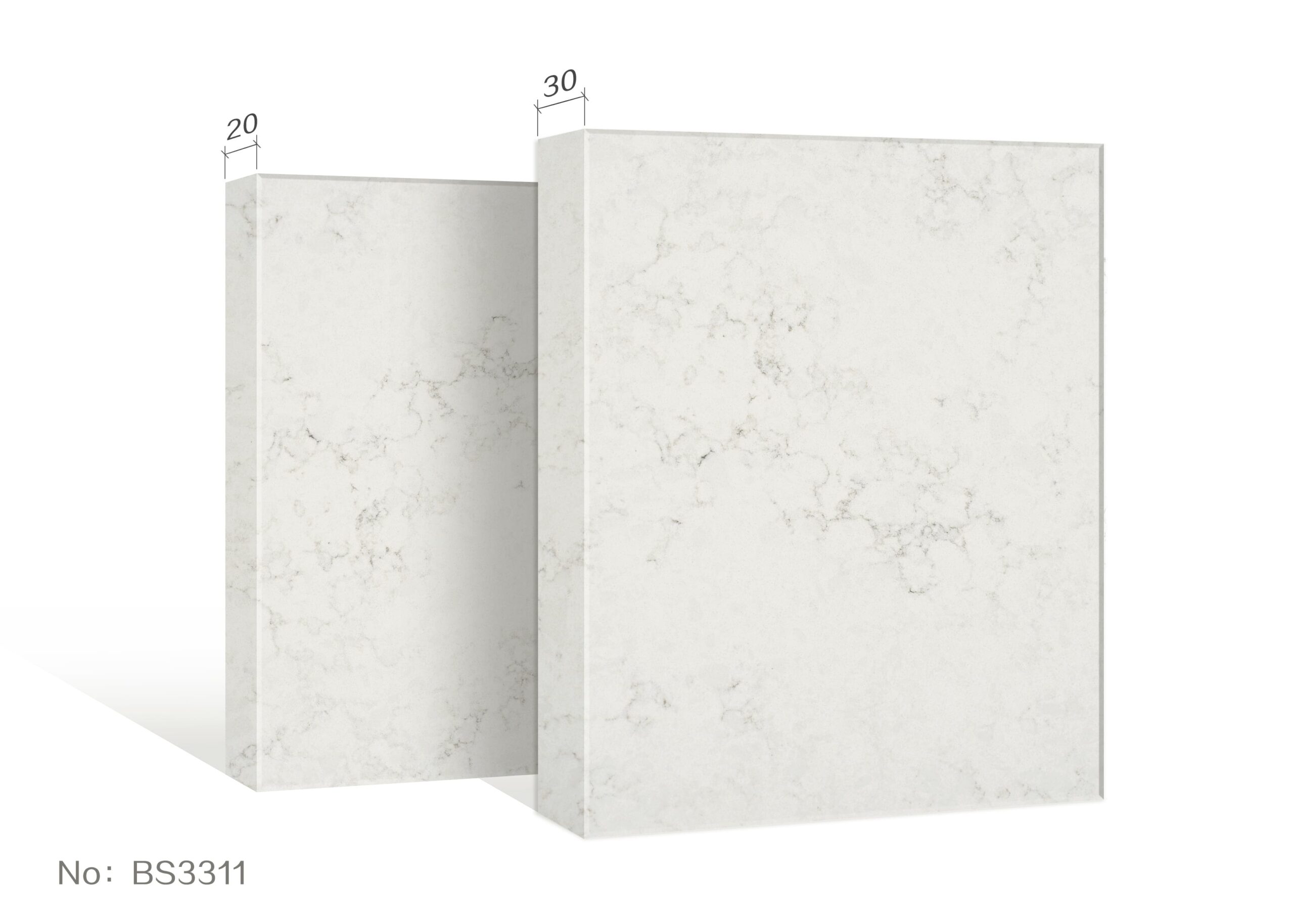 Marble-patterned kitchen countertops with dimensions labeled.