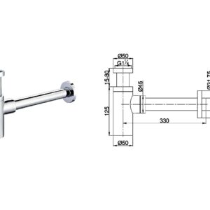 Chrome bottle trap with technical dimensions.