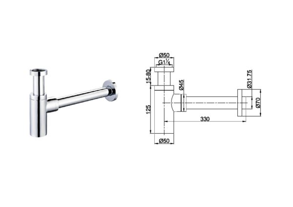 Chrome bottle trap with technical dimensions.