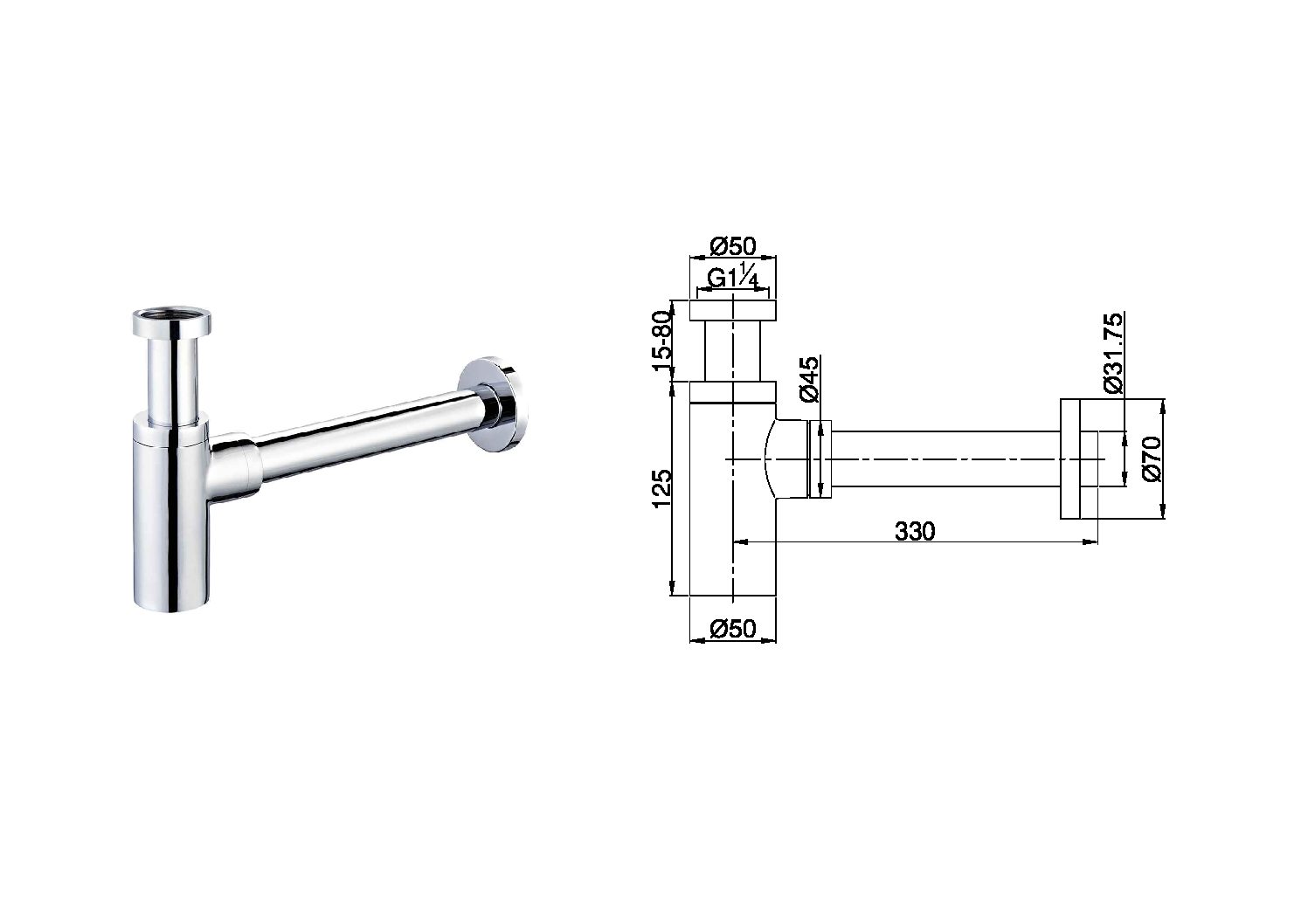 Chrome bottle trap with technical dimensions.