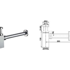 Stainless steel bottle trap with technical specifications diagram.