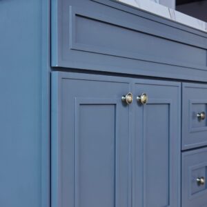 Blue kitchen cabinet with brass knobs.