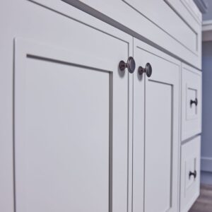 White kitchen cabinets with modern handles on a wooden floor.