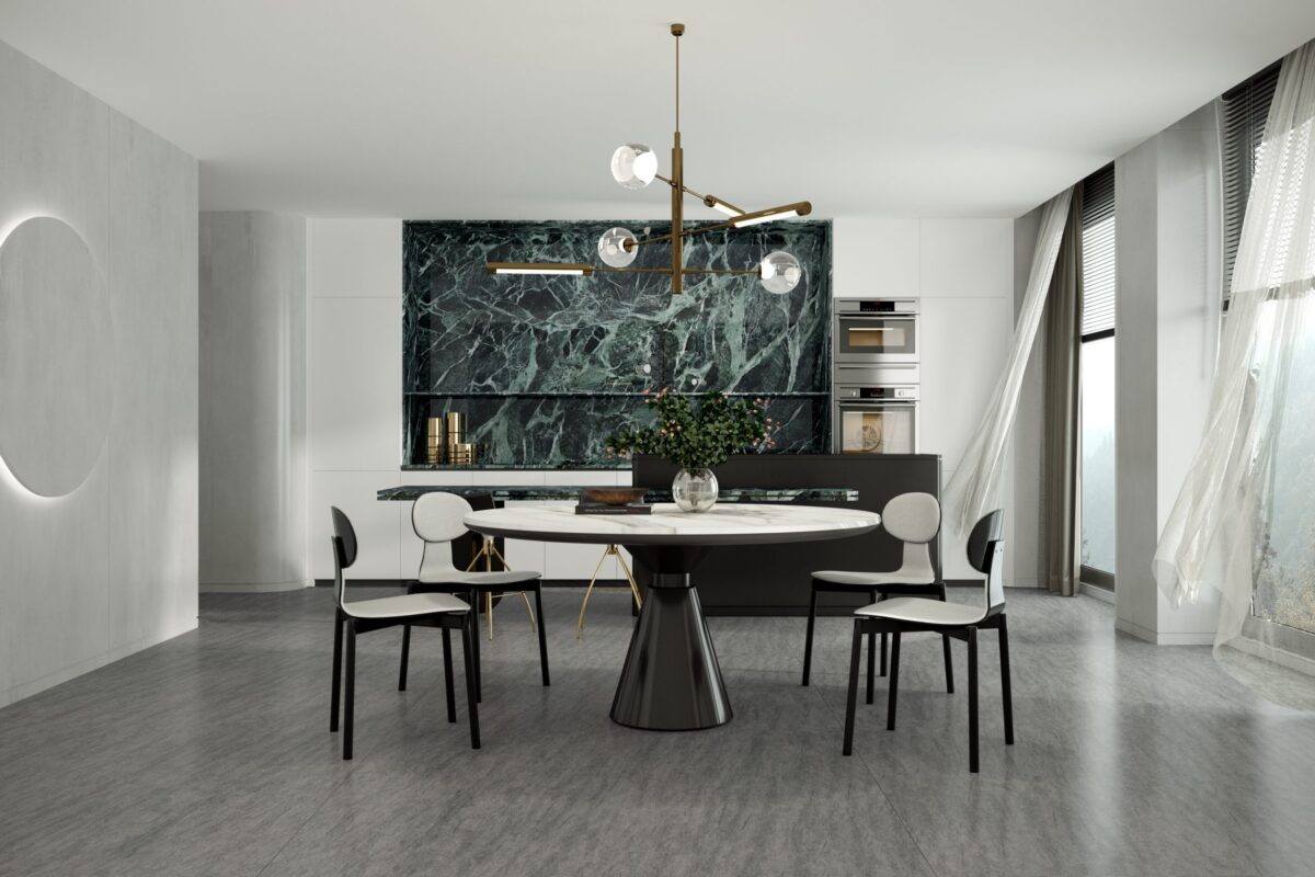 Emerald green kitchen with sintered stone bench and modern decor.