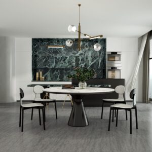 Emerald green kitchen with sintered stone bench and modern decor.