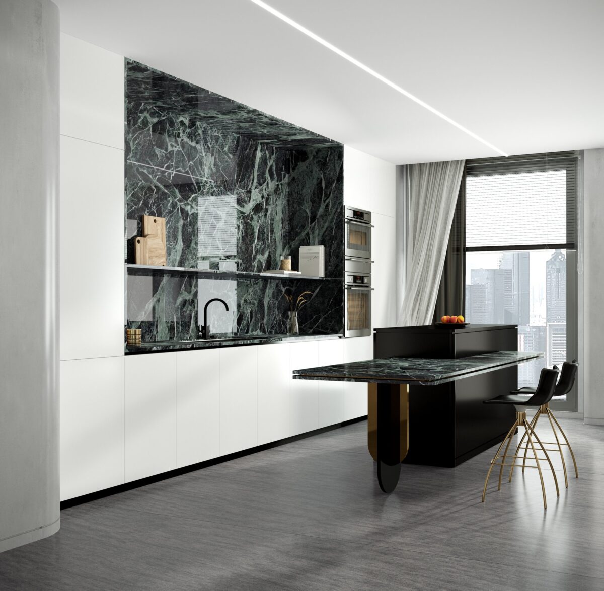 Emerald green kitchen with full-body sintered stone and porcelain bench.