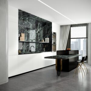 Emerald green kitchen with full-body sintered stone and porcelain bench.