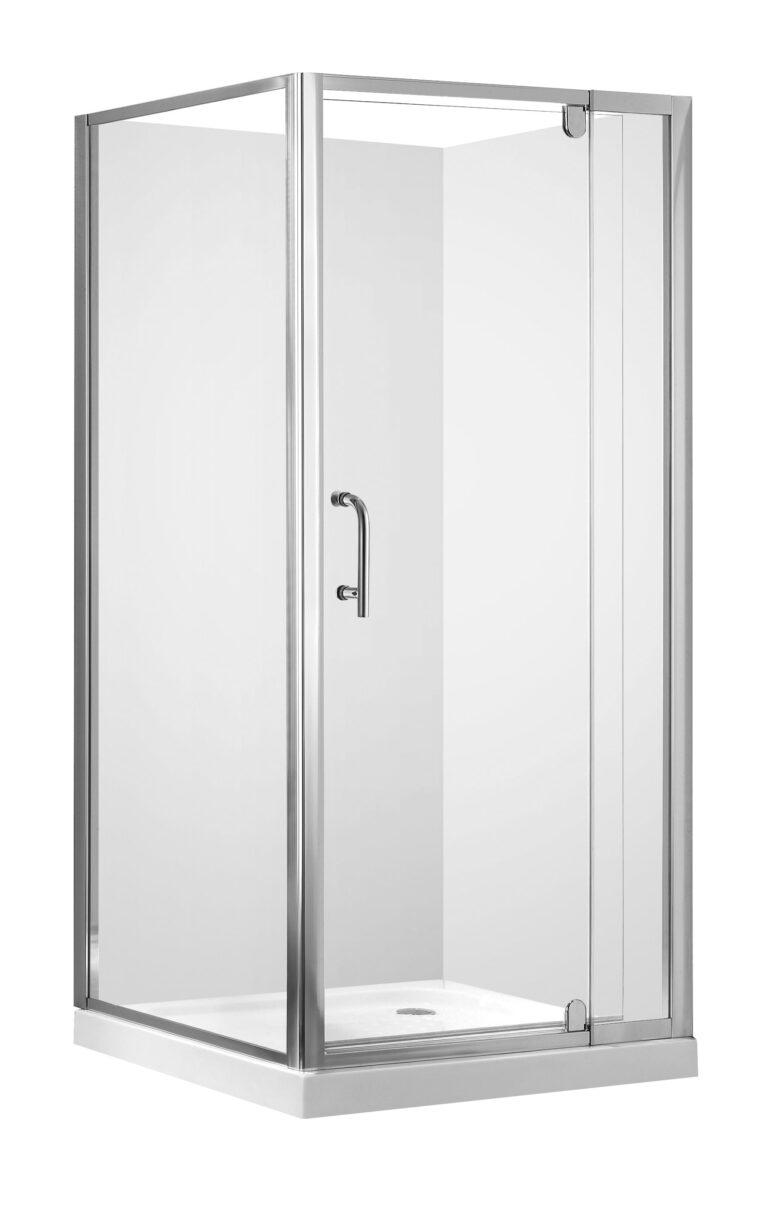 Glass shower enclosure with chrome frame and door handle.