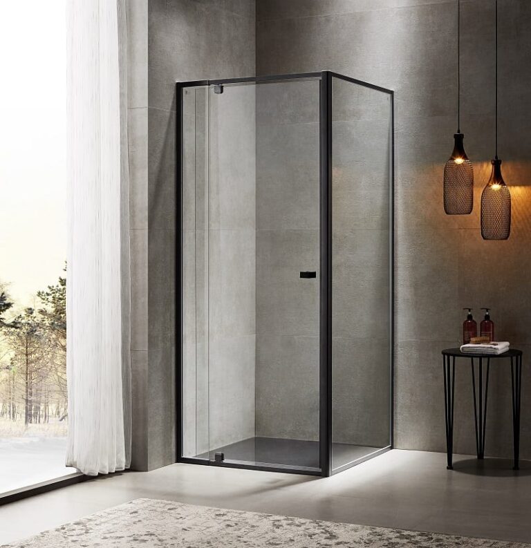 Modern glass shower enclosure in a stylish bathroom setting.