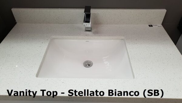 White ceramic sink on marble countertop with dark cabinet.