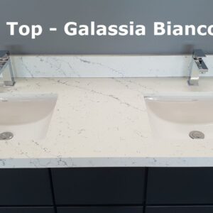 Double sink vanity with Galassia Bianco countertop.