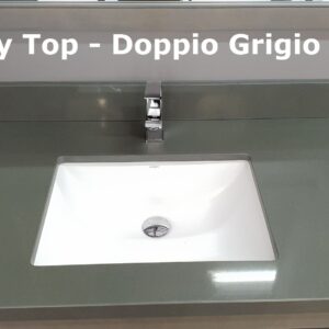 Gray countertop with sink and faucet, labeled "Doppio Grigio."