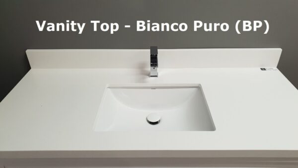 White vanity top with integrated sink and modern faucet.