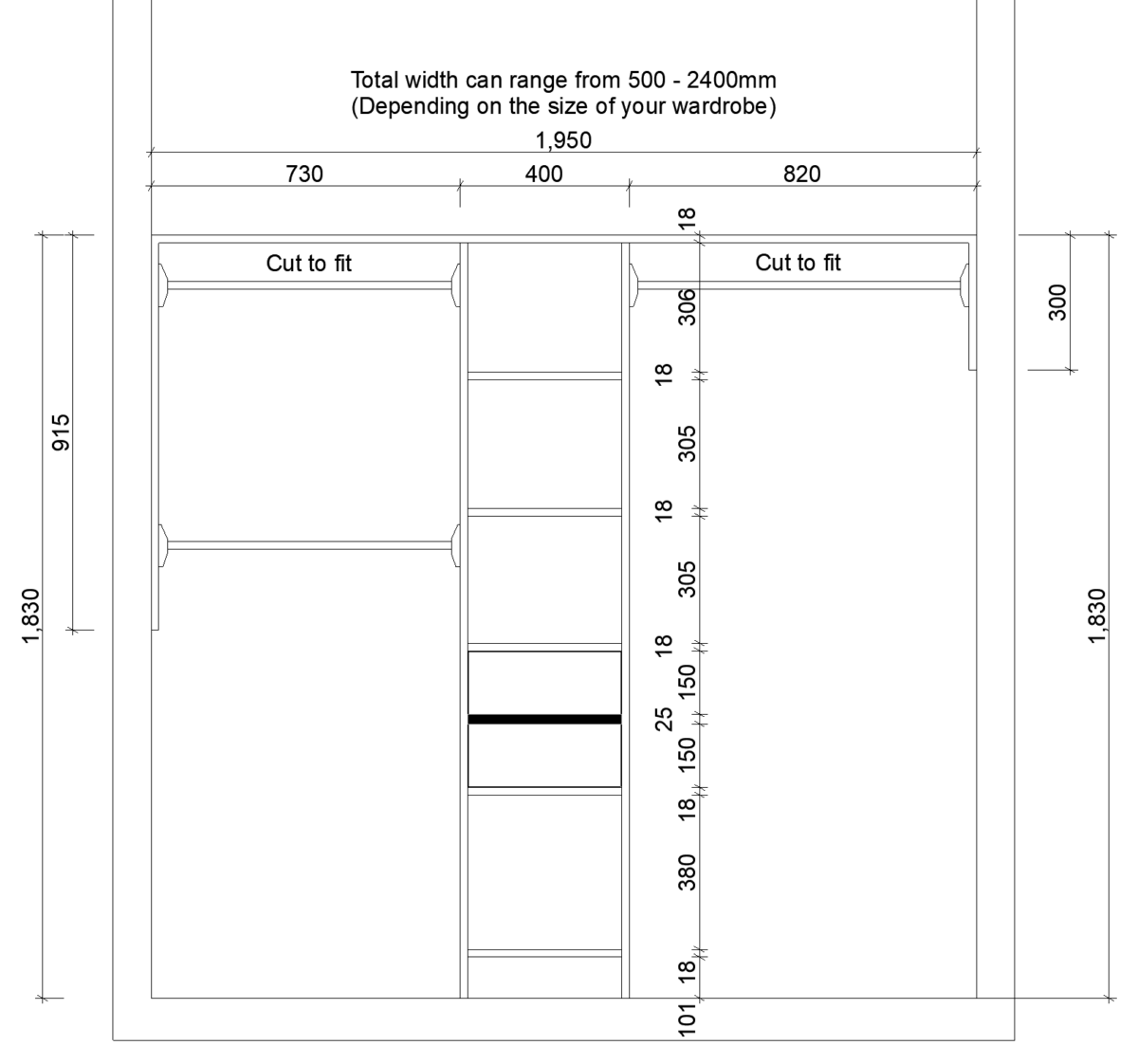 Wardrobe design with adjustable shelves and sliding doors, dimensions labeled.