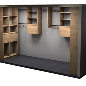 Wooden walk-in closet with shelves and hanging rods.