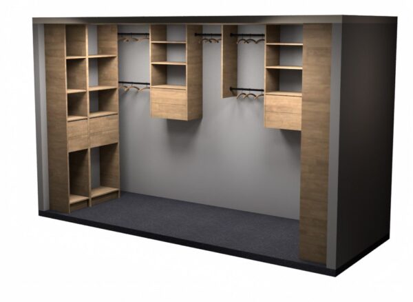 Wooden walk-in closet with shelves and hanging rods.