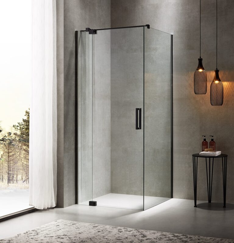 Modern glass shower enclosure in a minimalist bathroom setting.