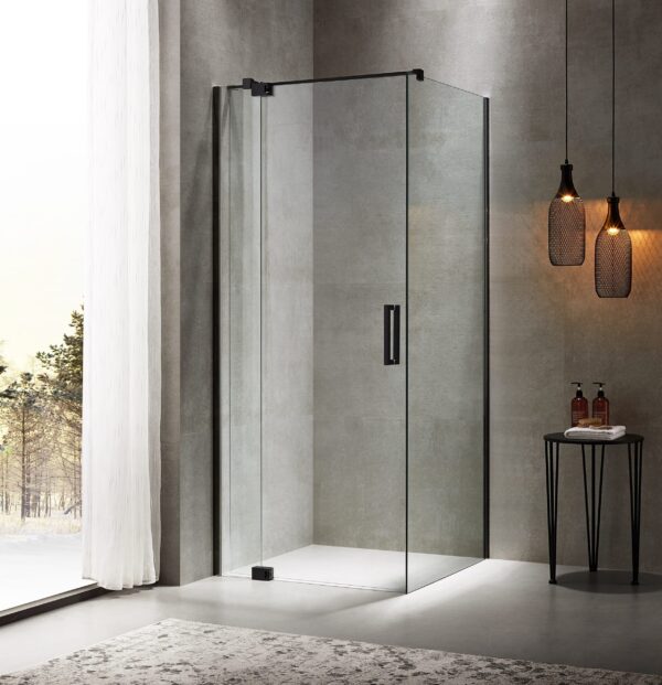 Modern glass shower enclosure in a minimalist bathroom setting.