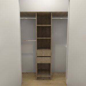 Wooden closet with shelves and drawers in a bedroom.