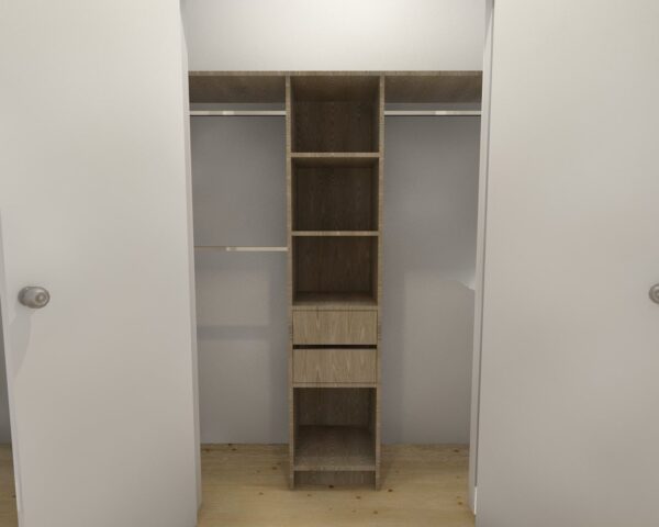 Wooden closet with shelves and drawers in a bedroom.