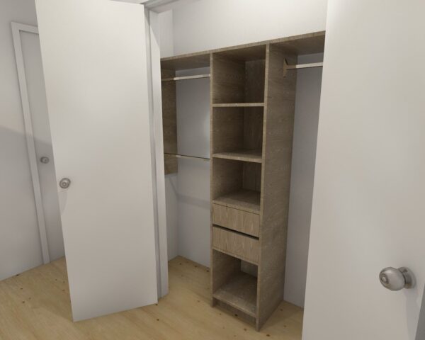 Bedroom closet with open doors and wooden shelves.