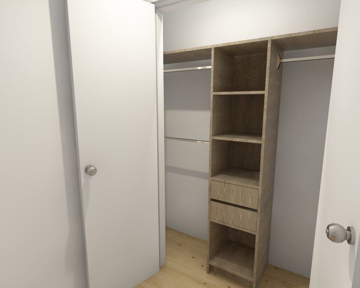 Bedroom closet with open shelving and hanging rods.