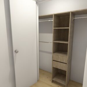 Bedroom closet with open shelving and hanging rods.