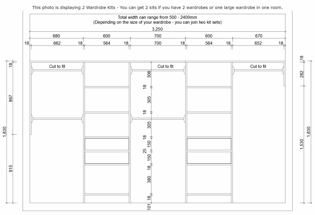 Diagram of customizable wardrobe kits with dimensions and shelving options.