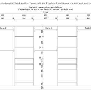 Diagram of customizable wardrobe kits with dimensions and shelving options.