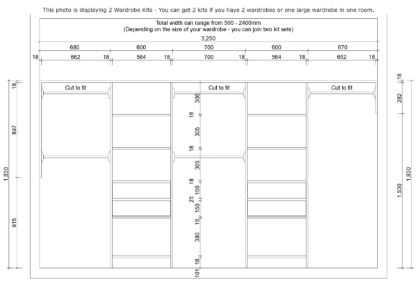 Diagram of customizable wardrobe kits with dimensions and shelving options.