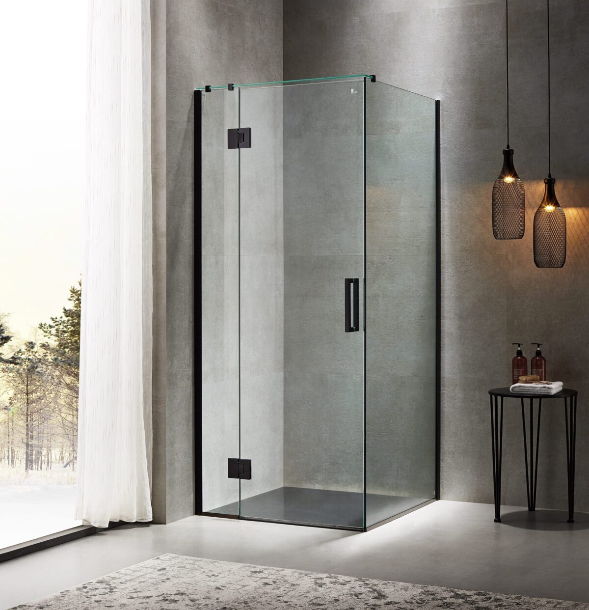 Modern glass shower enclosure in a minimalist bathroom setting.