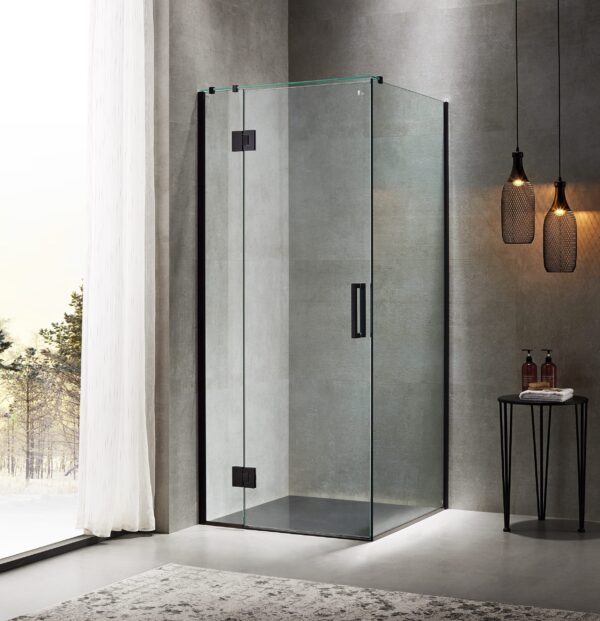 UF90BUF10B.jpg Modern glass shower enclosure in a minimalist bathroom setting.